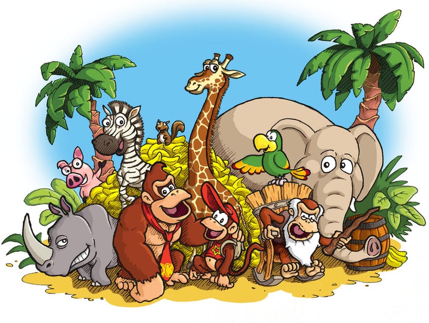 donkey kong, diddy kong, cranky kong, rambi, squawks, and 1 more (donkey kong and 1 more) drawn by juliusaurus