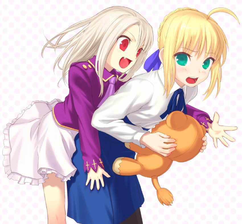 artoria pendragon, saber, and illyasviel von einzbern (fate and 1 more) drawn by uni_(plastic_girl)