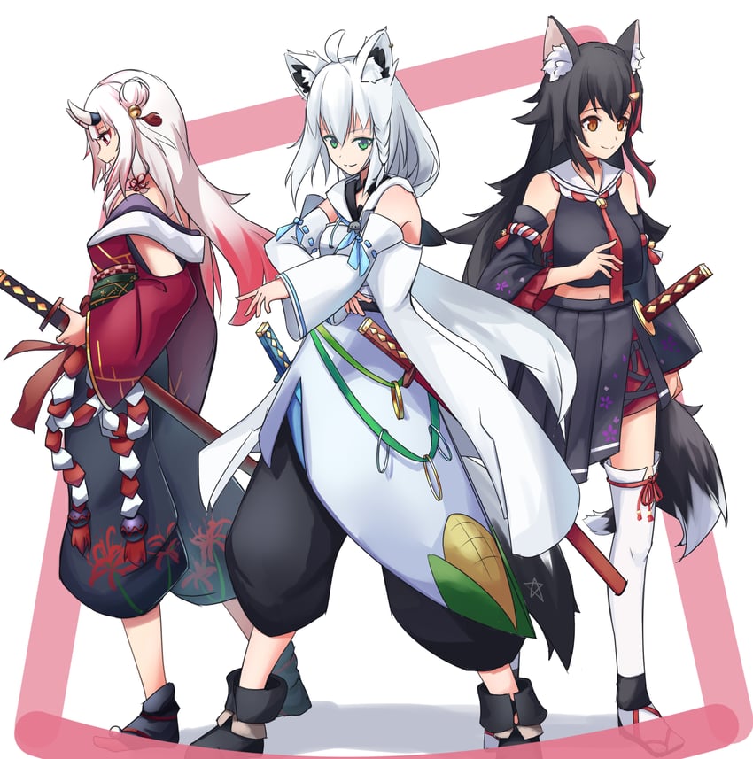 shirakami fubuki, ookami mio, and nakiri ayame (hololive) drawn by kanabun_bun1