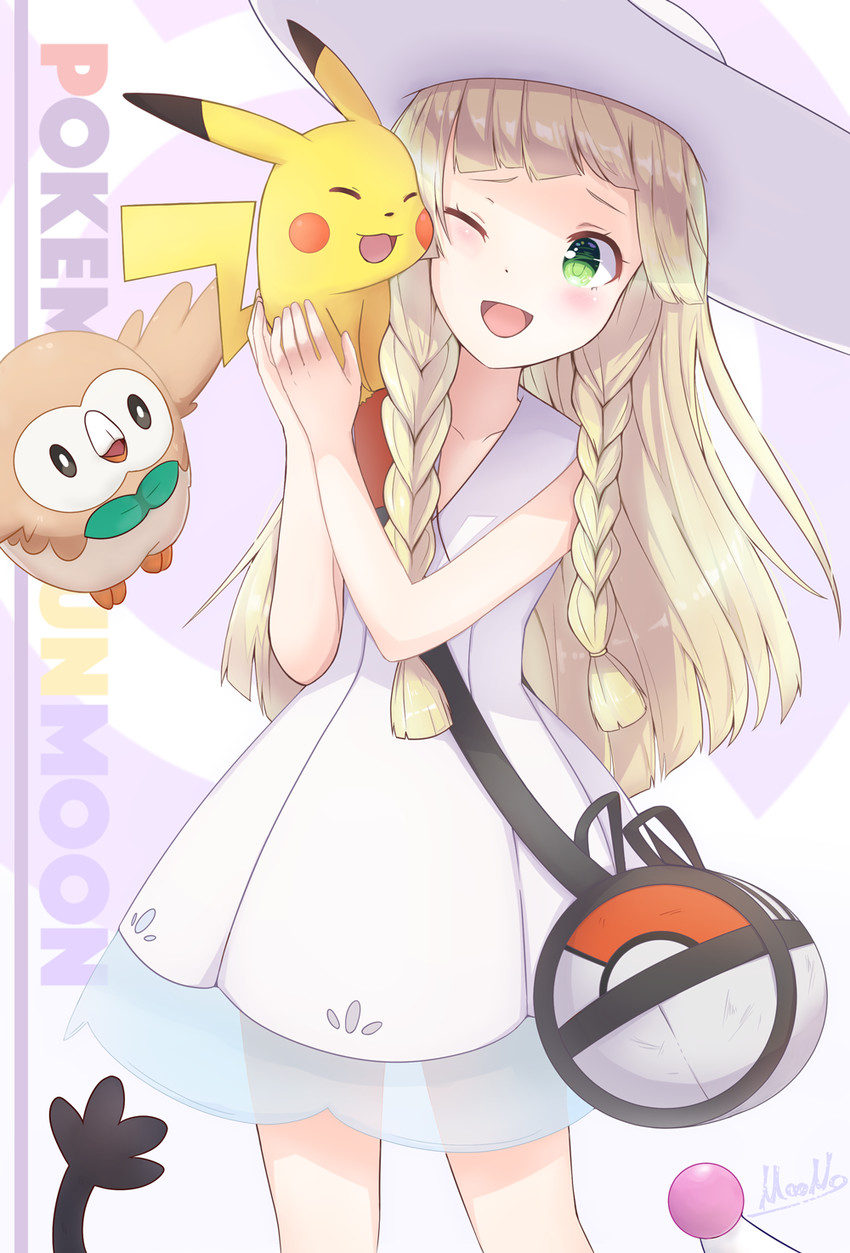 pikachu, lillie, and rowlet (pokemon and 1 more) drawn by moono_(akasakasakasusagasu)