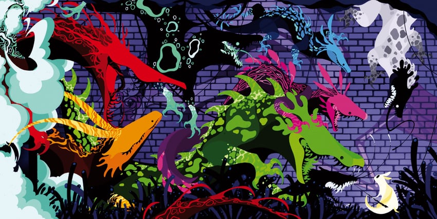 survivor, green lizard, red lizard, cyan lizard, blue lizard, and 4 more (rain world) drawn by kelocitta