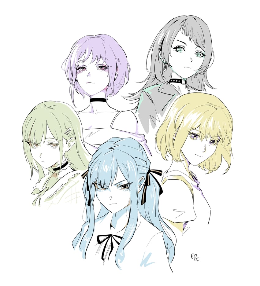 togawa sakiko, wakaba mutsumi, yahata umiri, misumi uika, and yuutenji nyamu (bang dream! and 1 more) drawn by teecee_zhang