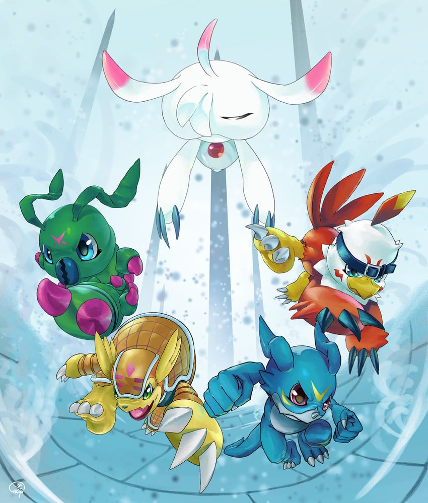 v-mon, wormmon, hawkmon, armadimon, and ukkomon (digimon and 1 more) drawn by enrike_(enrique_mr_blue)