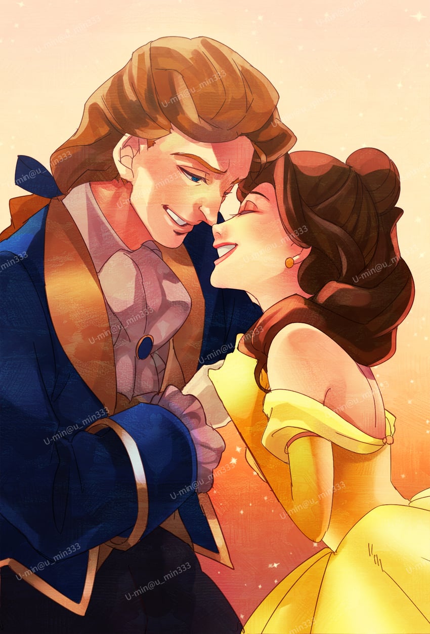 belle, beast, and prince adam (beauty and the beast) drawn by u-min