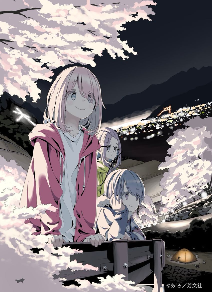 shima rin, kagamihara nadeshiko, and kagamihara sakura (yurucamp) drawn by afro_(kngotezo)