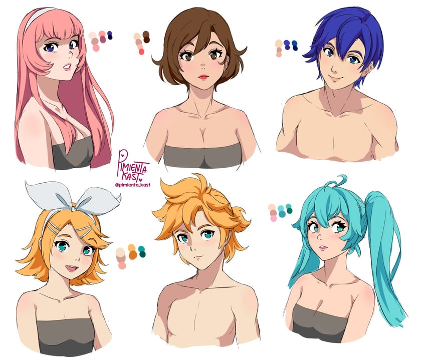 hatsune miku, kagamine rin, kagamine len, megurine luka, kaito, and 1 more (vocaloid) drawn by pimienta_kast