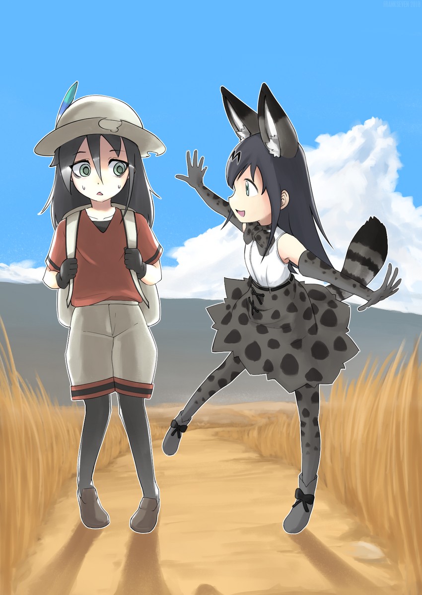 serval, kaban, kuroki tomoko, and satozaki kiko (kemono friends and 1 more) drawn by frankseven