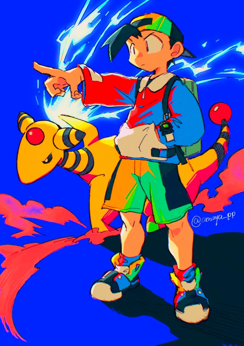 ethan and ampharos (pokemon and 1 more) drawn by amaya_uw