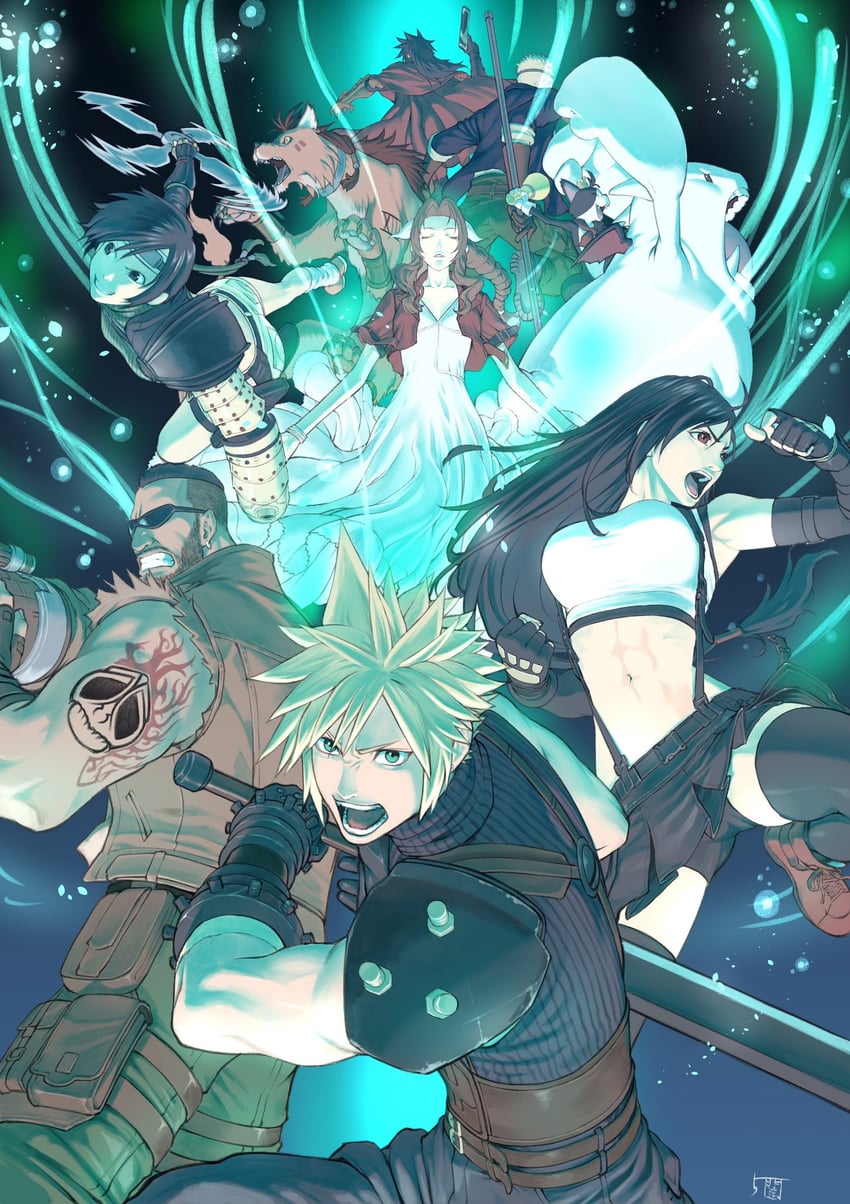 tifa lockhart, cloud strife, aerith gainsborough, yuffie kisaragi, moogle, and 5 more (final fantasy and 3 more) drawn by 5tatsu