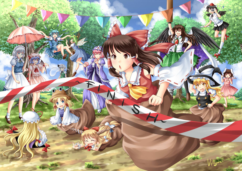 hakurei reimu, kirisame marisa, remilia scarlet, izayoi sakuya, konpaku youmu, and 9 more (touhou) drawn by villyane