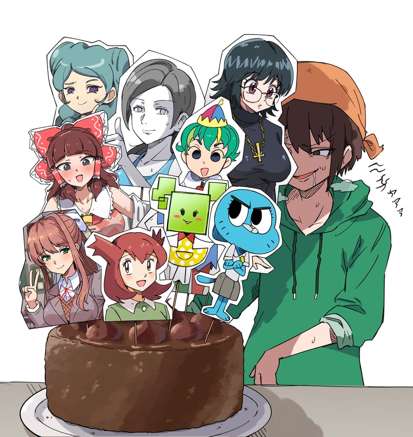 hakurei reimu, monika, wii fit trainer, shizuku murasaki, rurima, and 6 more (touhou and 15 more) drawn by sn_(zigzagspark6)
