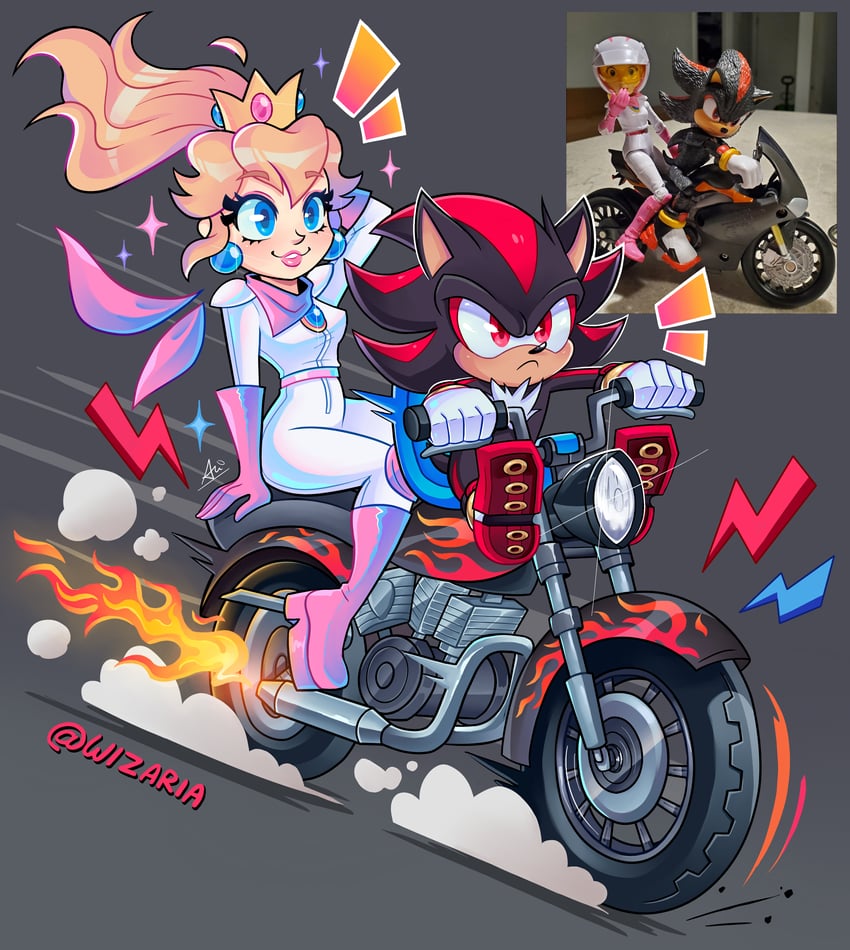 princess peach, shadow the hedgehog, and biker peach (mario and 4 more) drawn by wizaria