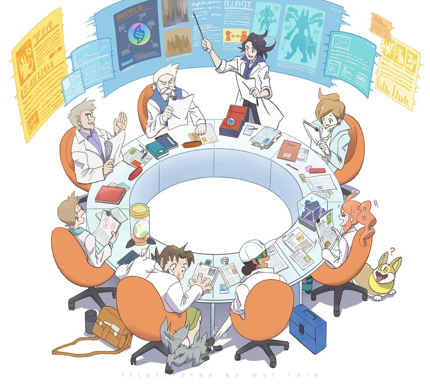 sonia, yamper, professor kukui, professor sycamore, professor oak, and 6 more (pokemon and 8 more) drawn by mei_ford