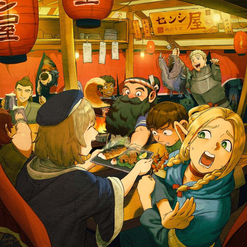 marcille donato, falin touden, laios touden, senshi, mithrun, and 7 more (dungeon meshi) drawn by jnpz and tim_yan