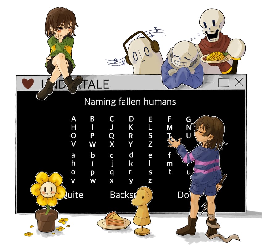 frisk, chara, sans, papyrus, flowey, and 2 more (undertale) drawn by beanbun_pasta