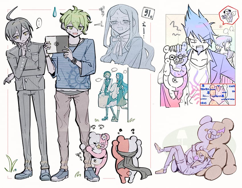 oma kokichi, saihara shuichi, harukawa maki, monokuma, momota kaito, and 7 more (danganronpa and 1 more) drawn by morning_(d0nteat)