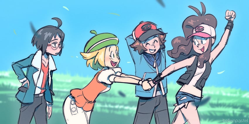 hilda, hilbert, bianca, and cheren (pokemon and 1 more) drawn by belleinpastel