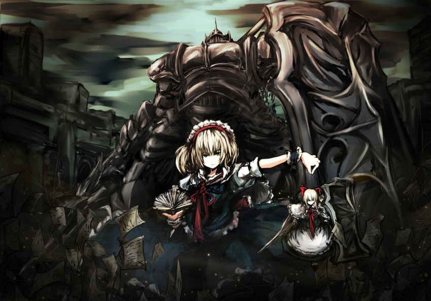 alice margatroid, shanghai doll, and tower knight (touhou and 1 more) drawn by karakasa_(murakumo_koushou)