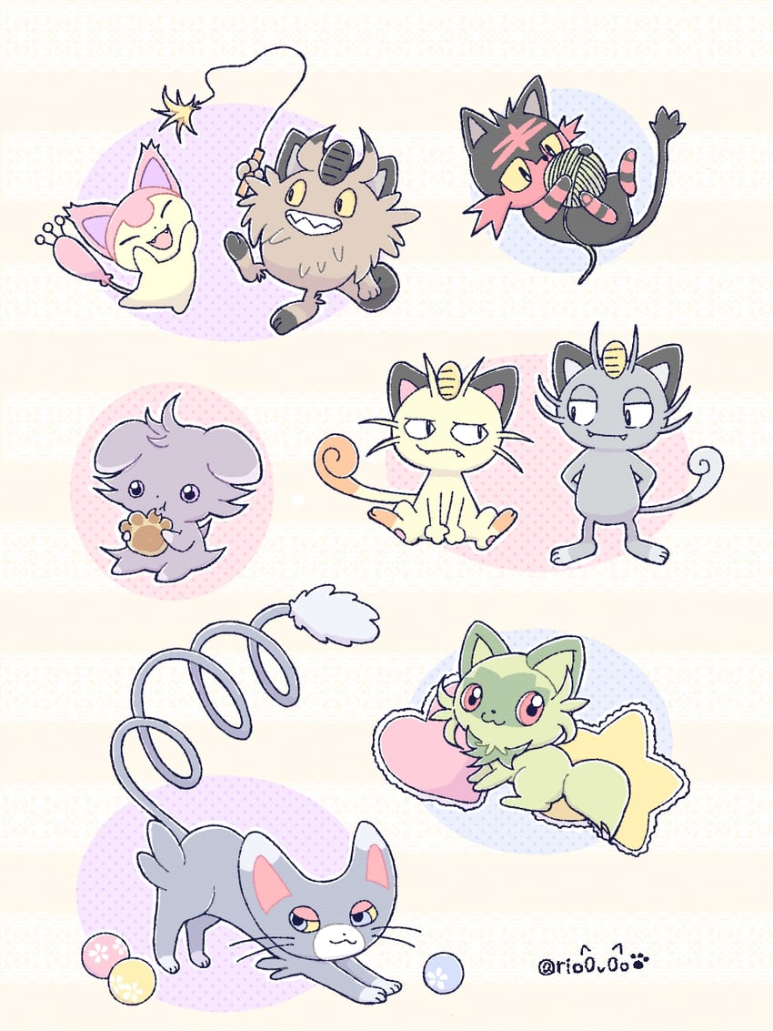 sprigatito, meowth, litten, skitty, espurr, and 3 more (pokemon) drawn by rio_(rio0v0o)