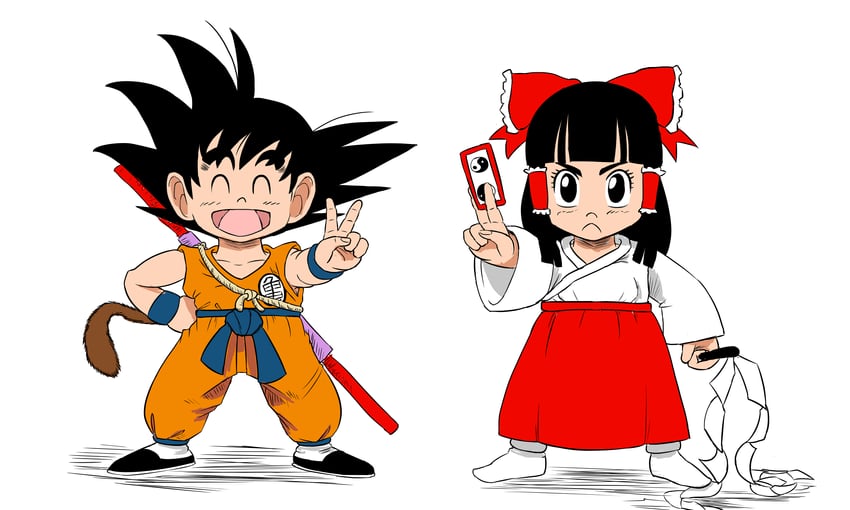 hakurei reimu and son goku (touhou and 1 more) drawn by arbizo