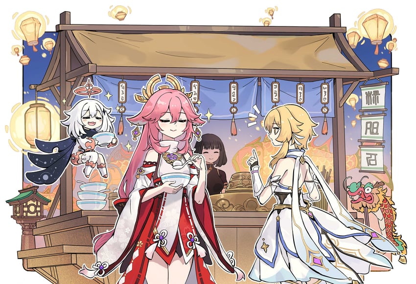 lumine, yae miko, and paimon (genshin impact) drawn by xiang_wan_wei_wan