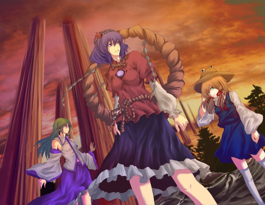 kochiya sanae, moriya suwako, and yasaka kanako (touhou) drawn by pokimari