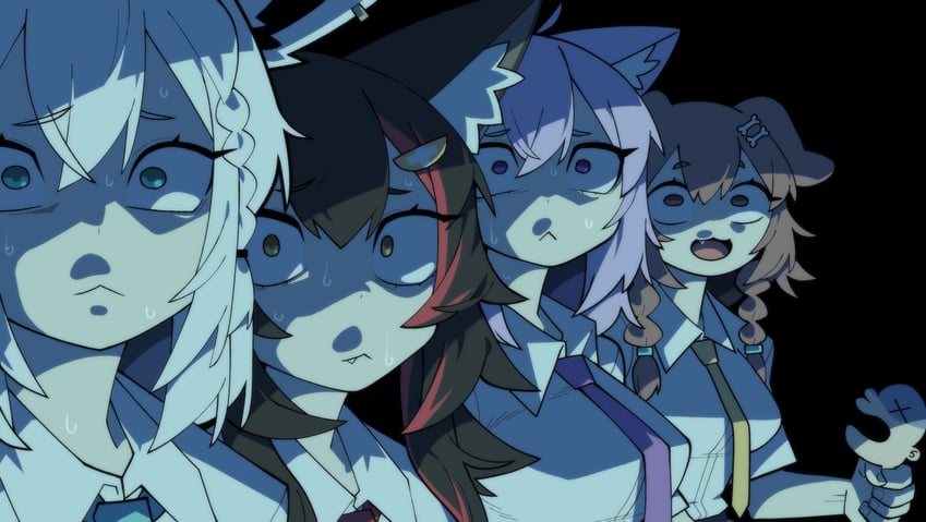 shirakami fubuki, nekomata okayu, ookami mio, inugami korone, and listener (hololive and 1 more) drawn by cocomayo29_(tomato)