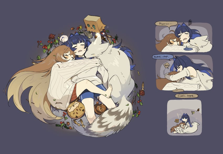 ouro kronii, nanashi mumei, friend, hootsie, and animal (hololive and 1 more) drawn by guo_(cat78952)