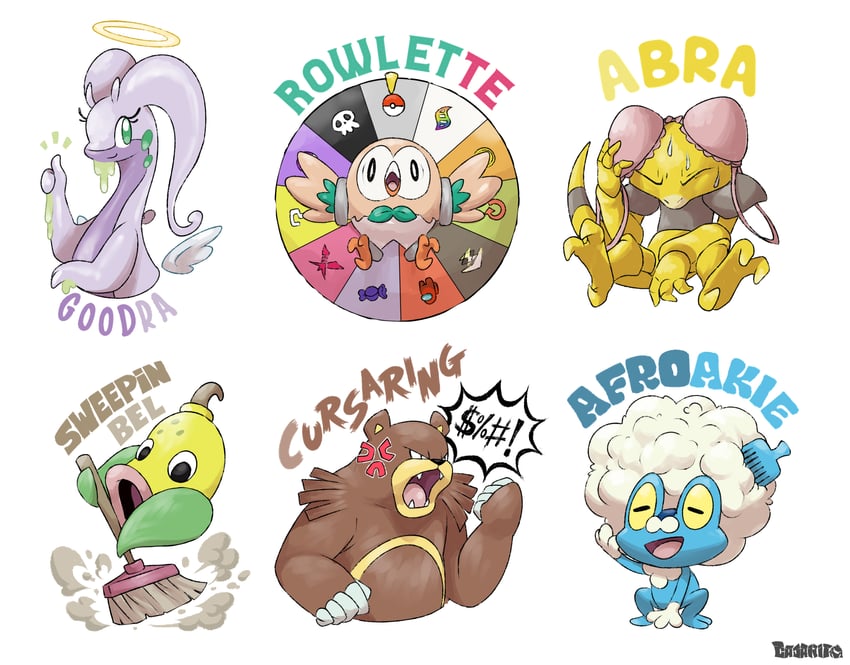 rowlet, froakie, goodra, ursaring, abra, and 1 more (pokemon and 1 more) drawn by elcajarito