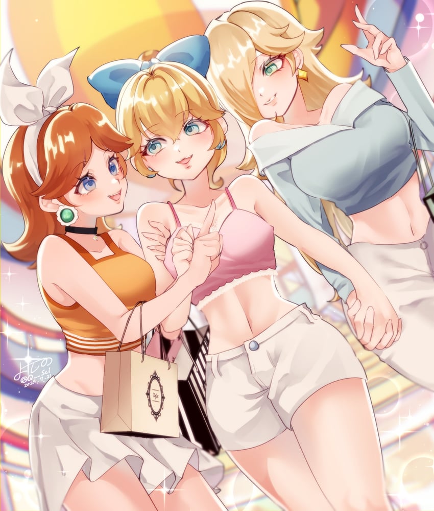 princess peach, rosalina, and princess daisy (mario) drawn by yoshino_(q_sci)