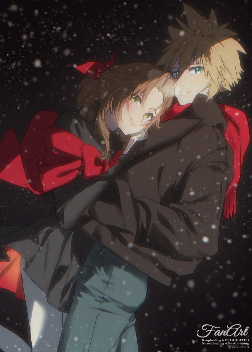 cloud strife and aerith gainsborough (final fantasy and 2 more) drawn by goku-chan