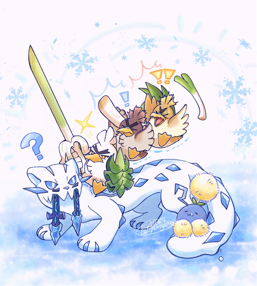 jumpluff, sirfetch'd, farfetch'd, galarian farfetch'd, and chien-pao (pokemon) drawn by shuri_(syurigame)