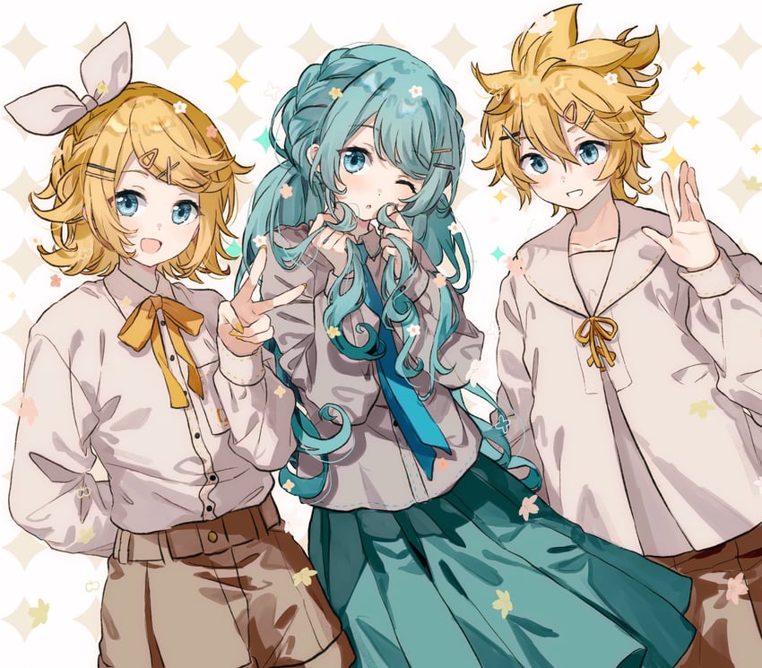 hatsune miku, kagamine rin, and kagamine len (vocaloid and 1 more) drawn by migolu