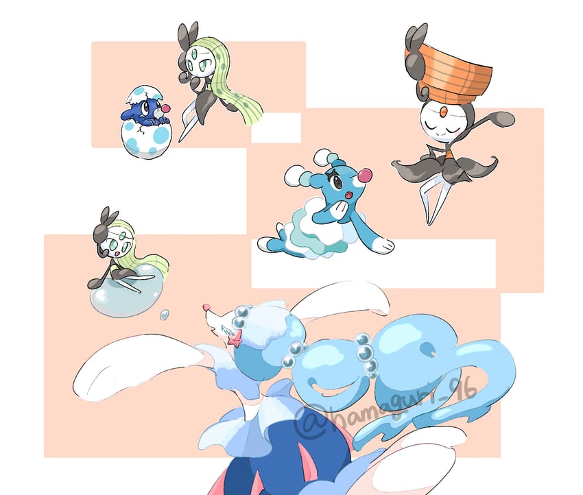 popplio, primarina, meloetta, and brionne (pokemon) drawn by hamaguri_96