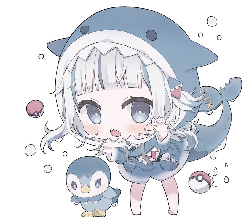 gawr gura and piplup (pokemon and 2 more) drawn by hocmiya