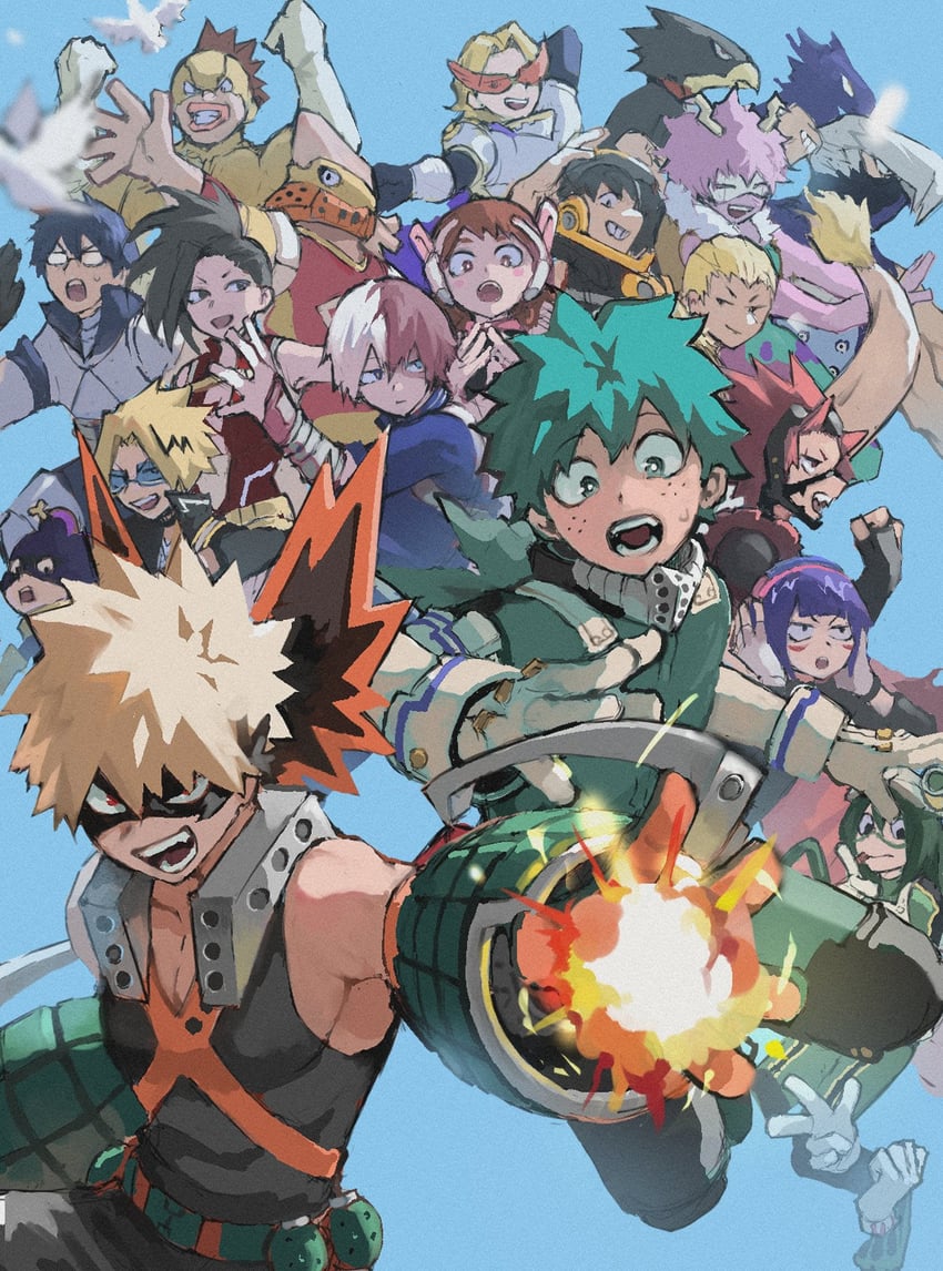 midoriya izuku, uraraka ochaco, bakugou katsuki, todoroki shoto, asui tsuyu, and 16 more (boku no hero academia) drawn by zonozonotk