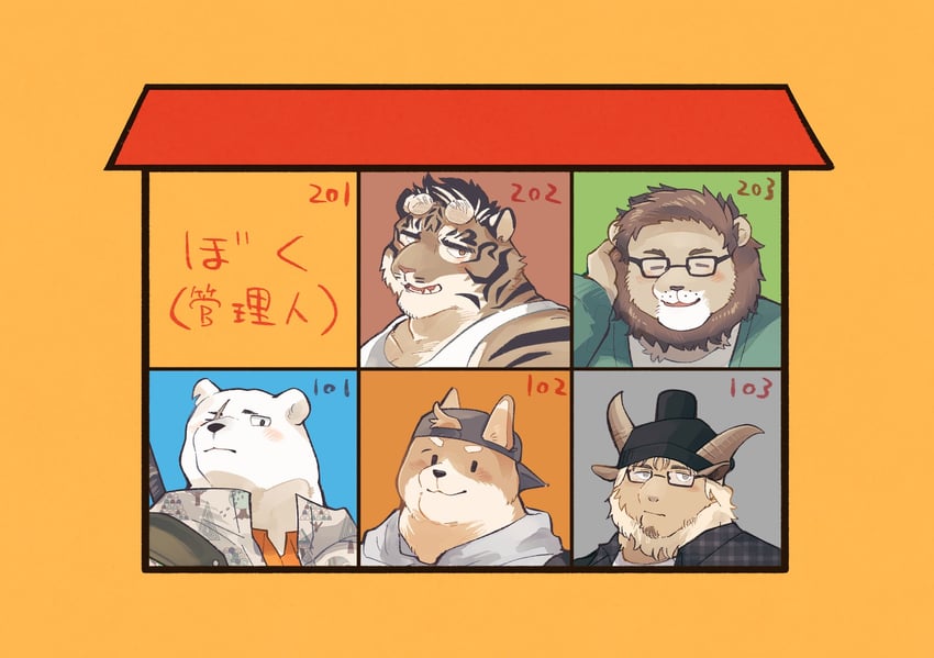 yakushiji taku, sotoma kazuchika, shiotani hisashi, nakayama taketaka, and jiguberuto (original and 1 more) drawn by sawch_cls