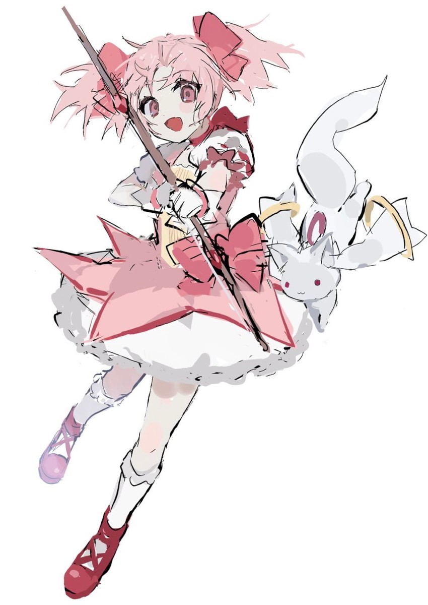 kaname madoka and kyubey (mahou shoujo madoka magica) drawn by budo_(budoboros)