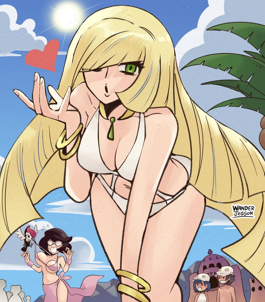 lusamine, aether foundation employee, wicke, pikipek, and palossand (pokemon and 1 more) drawn by wanderjegson