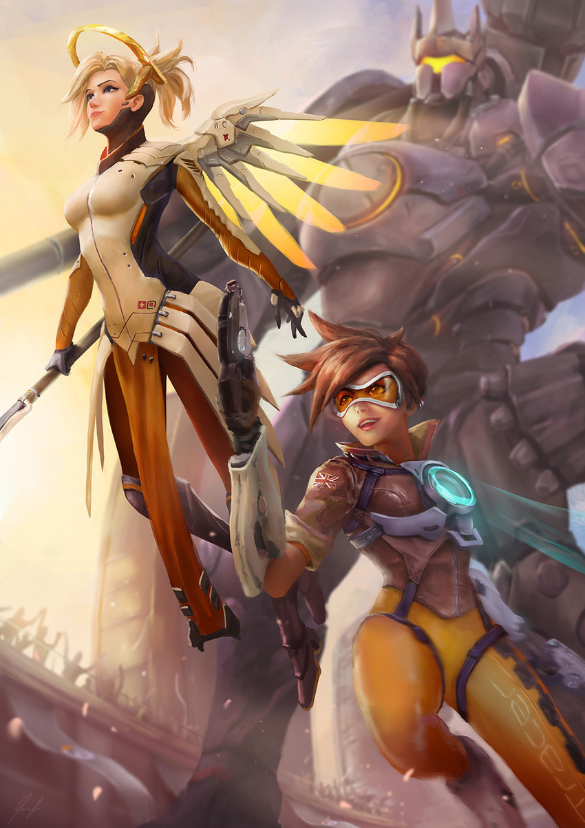 mercy, tracer, and reinhardt (overwatch and 1 more) drawn by cheesewoo