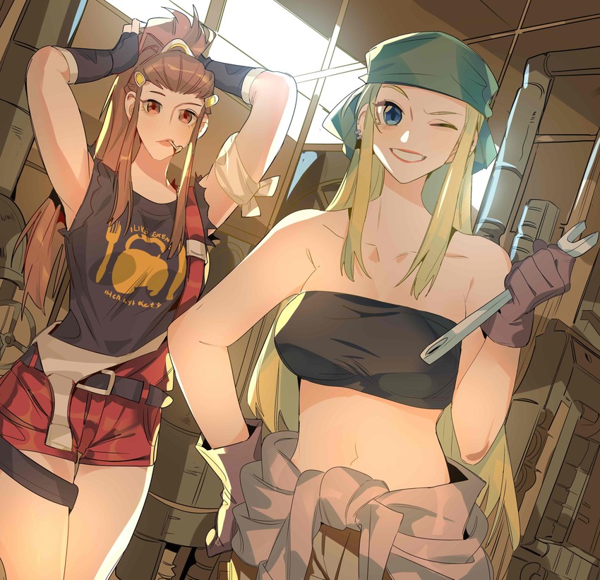 winry rockbell and brigitte (overwatch and 2 more) drawn by xi_luo_an_ya