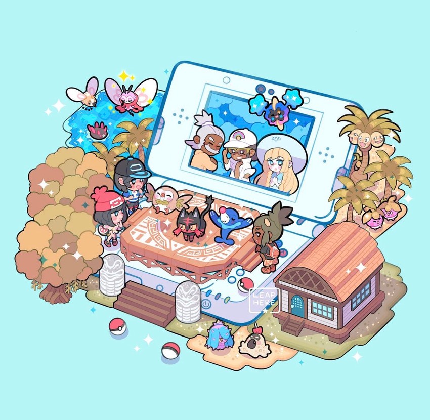 lillie, selene, rowlet, elio, popplio, and 11 more (pokemon and 1 more) drawn by leaphere