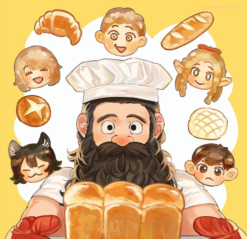 marcille donato, falin touden, laios touden, senshi, chilchuck tims, and 1 more (dungeon meshi) drawn by sasakura34