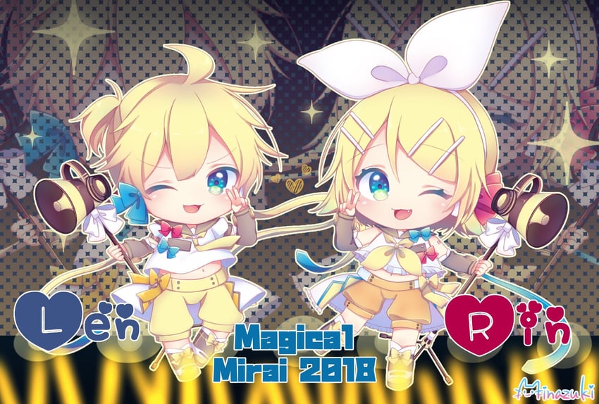 kagamine rin, kagamine len, magical mirai len, and magical mirai rin (vocaloid and 1 more) drawn by minazuki_lein