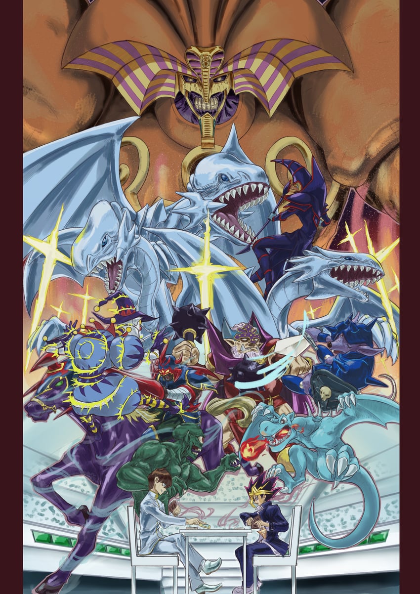 muto yugi, kaiba seto, dark magician, blue-eyes white dragon, exodia the forbidden one, and 7 more (yu-gi-oh!) drawn by mute_traveler