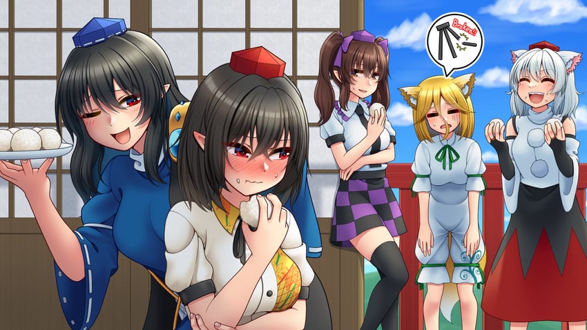 shameimaru aya, inubashiri momiji, himekaidou hatate, kudamaki tsukasa, and iizunamaru megumu (touhou) drawn by tatsu_toyoyo