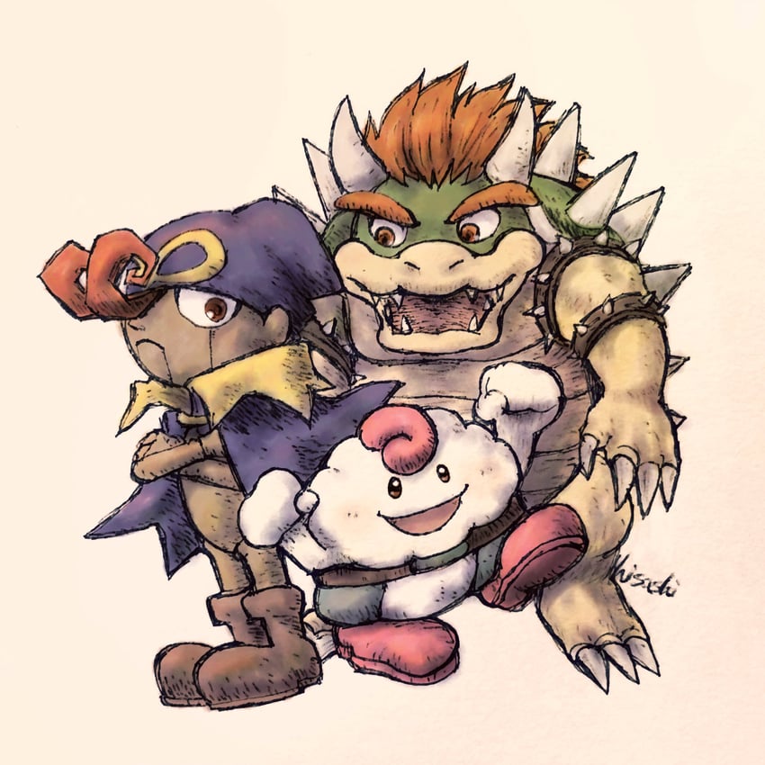 bowser, geno, and mallow (mario and 1 more) drawn by hisashicomv789