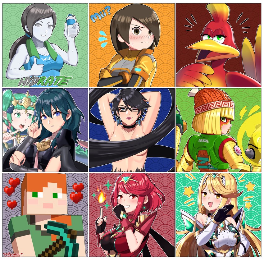 pyra, female byleth, bayonetta, sothis, mythra, and 6 more (fire emblem and 10 more) drawn by sarukaiwolf