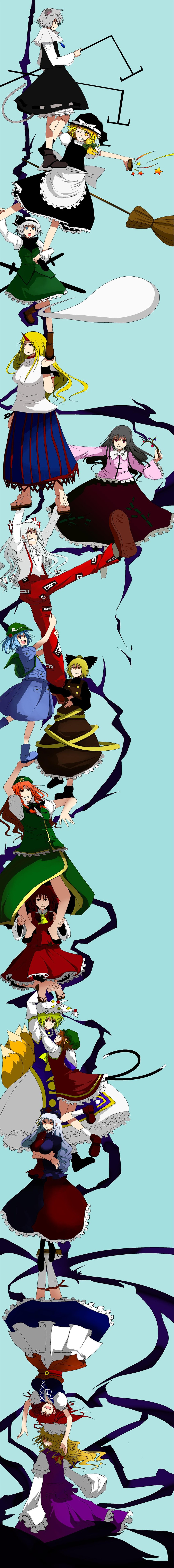 hakurei reimu, kirisame marisa, konpaku youmu, yakumo yukari, fujiwara no mokou, and 10 more (touhou and 1 more) drawn by arano_oki