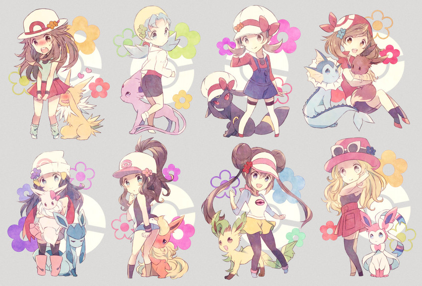 dawn, may, rosa, hilda, eevee, and 12 more (pokemon and 8 more) drawn by kabocha_torute